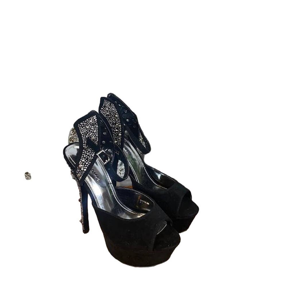 Mascotte Women’s Black Faux Suede Embellished Platform Stiletto Heels Size 7.5
